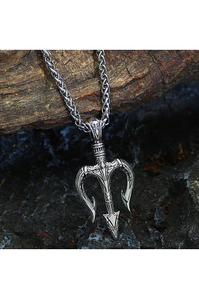 Viking Poseidon Trident 316L Steel Men's Necklace - Greek Mythology, Spear Design, Anti-Tarnish & Stainless
