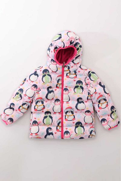 ROBA KIDS Girl's Inner Fleece Hooded Penguin Pattern Digital Printed Winter Puffer Jacket & Coat RB-103