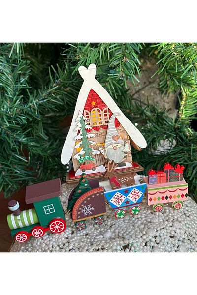 QUEEN AKSESUAR Imported luxury christmas Christmas village lighted house with 4 cars wooden deer train decoration pine tree gift set