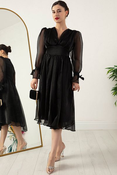 PULLIMM V-Neck Sleeve Detail Glitter Chiffon Midi Evening Dress 13433