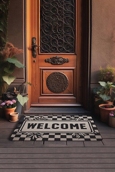 Valerine Life Dama ve Yaprak Desenli Siyah Beyaz Welcome Kapı Önü Paspası 45x70cm