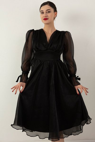 PULLIMM V-Neck Sleeve Detail Glitter Chiffon Midi Evening Dress 13433