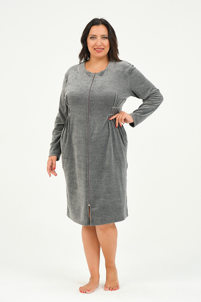 İntensive Women's Large Size Cotton Velvet Dress with Zipper Pockets