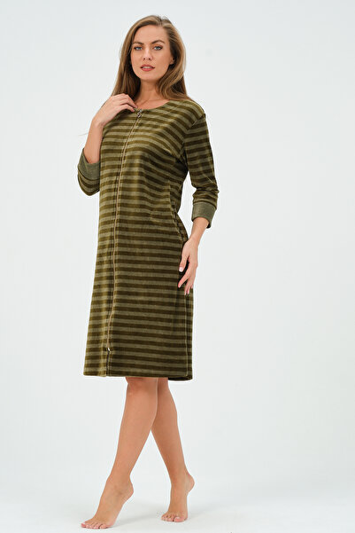 İntensive green striped zippered velvet dress with pockets