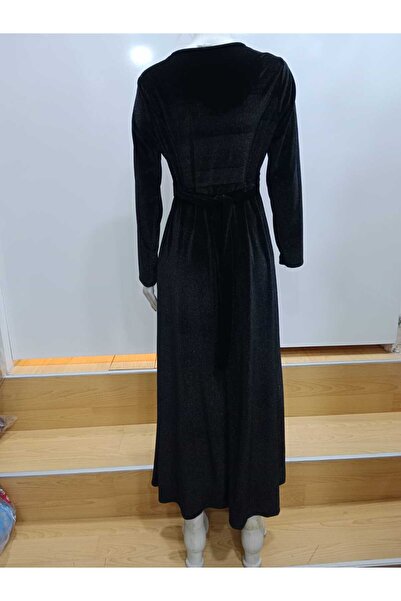 NUR TEKSTİL kadın siyah kore kadifesi kumaş pırıltılı simli kloş beli kuşaklı elbise