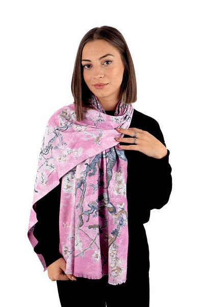 Bursa İpek Pink Almond Flower Pattern Winter Shawl
