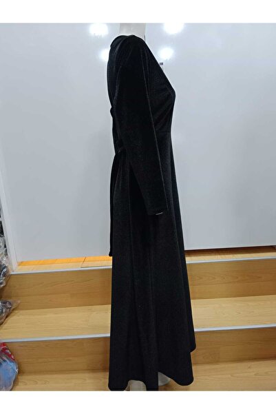 NUR TEKSTİL kadın siyah kore kadifesi kumaş pırıltılı simli kloş beli kuşaklı elbise