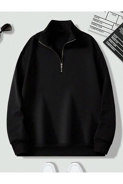 Moodopia Half Zipper High Collar Black Unisex Sweatshirt
