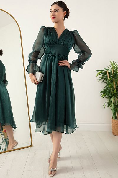 PULLIMM V-Neck Sleeve Detail Glitter Chiffon Midi Evening Dress 13433