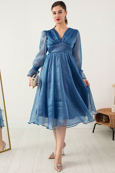 PULLIMM V-Neck Sleeve Detail Glitter Chiffon Midi Evening Dress 13433