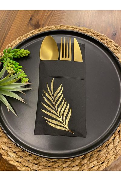 kidspartim 12-Piece Gilded Gold Napkin - Black Leaf Pocket, 40x40
