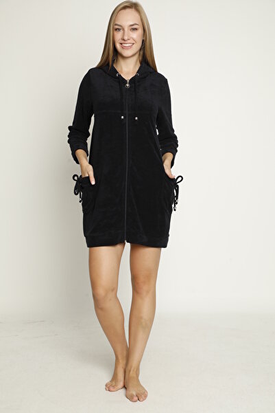 İntensive Μακρυμάνικο βαμβακερό φόρεμα με πετσέτα σε μπλε ναυτικό - με κουκούλα και με φερμουάρ