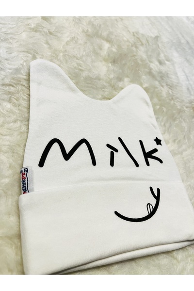 anne dokunuşu gibi KUZUM BEBE Beyaz Milk Figürlü Kız Erkek Bebek Çocuk Penye Şapka Bere
