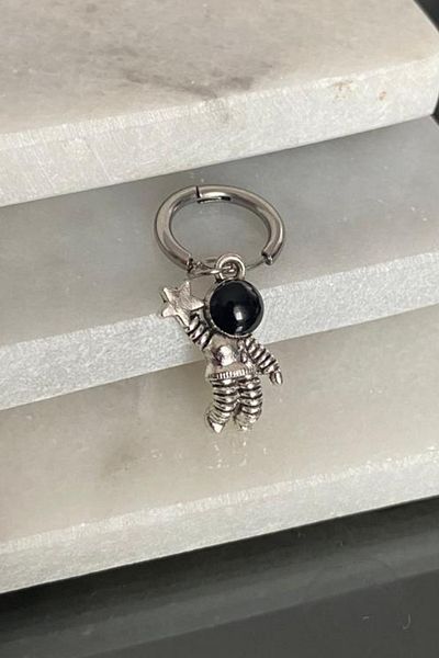 Jaida Moda Unisex Silver Color Astronaut Figure Dangle Steel Hoop Earrings