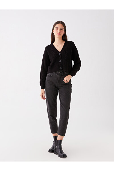 LC Waikiki Gemusterte Damen-Strickjacke mit langen Ärmeln und V-Ausschnitt