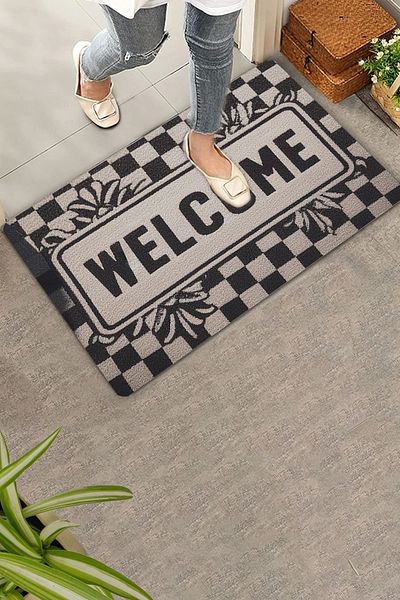 Valerine Life Checkers and Leaves Patterned Black and White Welcome Door Mat 45x70cm