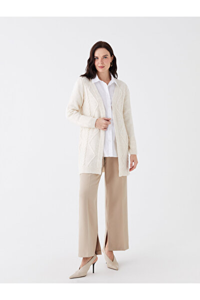 LC Waikiki Selbstgemusterter, langärmliger Damen-Strick-Cardigan mit Schalkragen