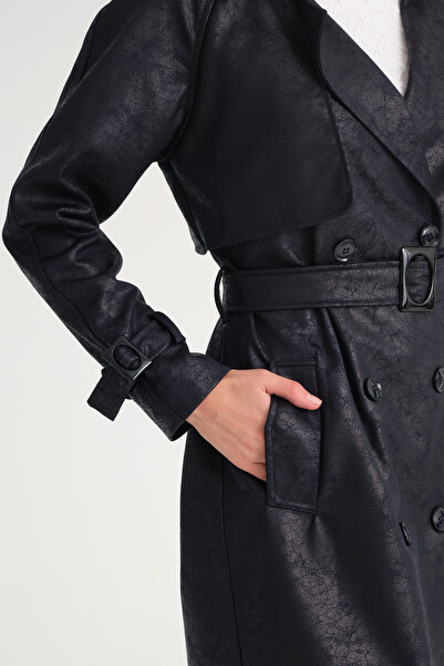 Soydan Güner Suni Deri Reglan Kol Uzun Trençkot Lacivert 5790