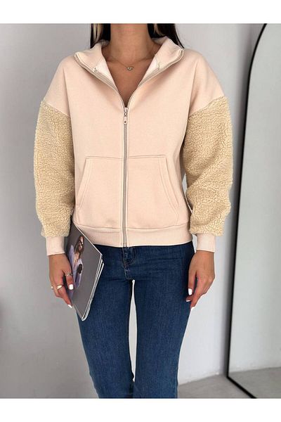 Noa Noa Plush Sleeve Zipper Women's Sweaters