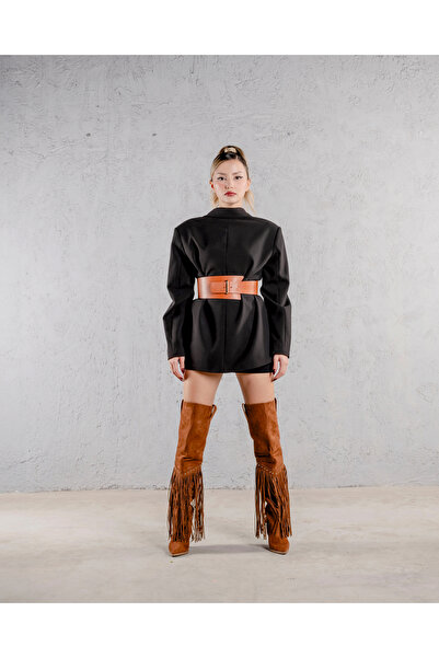 AYAKKABI PRENSİ Fringe Püsküllü Ve Trok Detaylı Kovboy Taba Suet 9 Cm Kadın Çizme, Topuklu Çizme