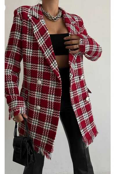 CurcunaShop Jachetă blazer din tweed roșu închis căptușită cu nasturi în față