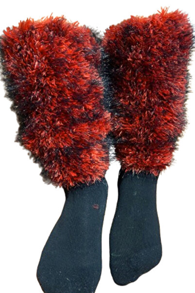 Işin Tasarım KIRMIZI Renkli KÜRK Görünümlü El Örgüsü Kadın Dizlik, Tozluk