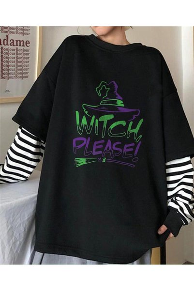 Toum تي شيرت أسود للجنسين مطبوع بأكمام وهمية من Halloween Witch Please