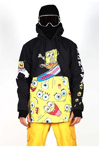 Tıklaalbeni Kadın Siyah Özel Tasarım Snowboard Montu Sungerbob