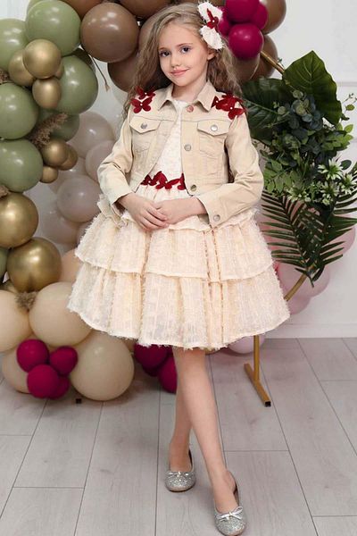 Riccotarz Girl's Butterfly Patterned Denim Jacket and Wrapped Sleeveless Cream Dress