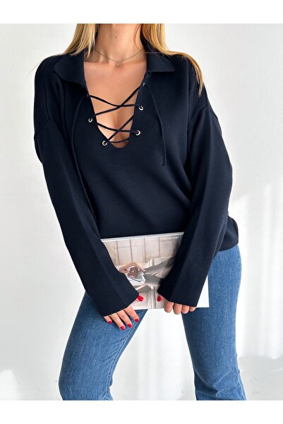 gozdefashion Kadın Yakalı Kuşgözlü Triko