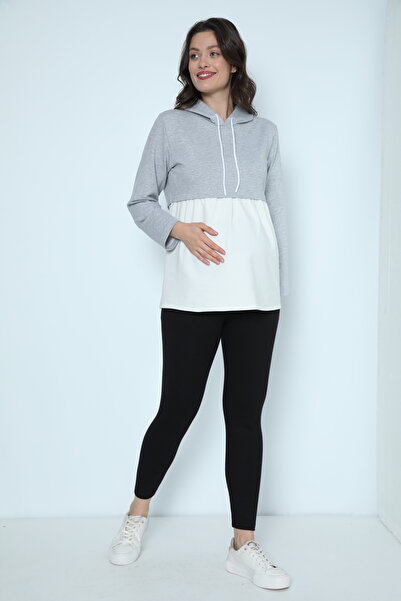 Miss Dünya Lissa Gri Beyaz Kapüşonlu Hamile Sweatshirt Taytlı Eşofman Takımı