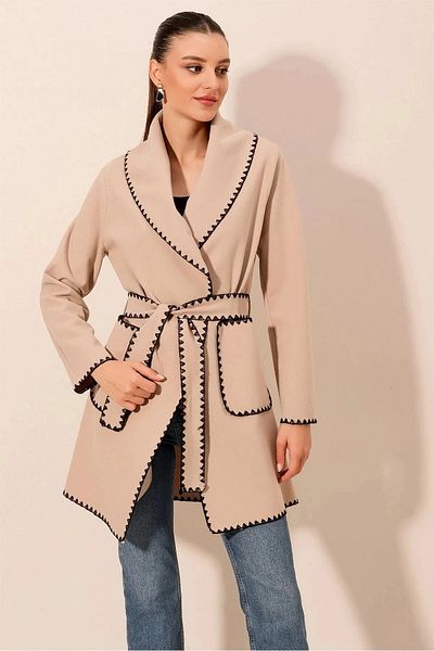 hazelin Palton de damă, bej, cu broderie, detaliată, cu centură, fără nasturi, din cașmir, fără nasturi Hzl24w-bd191301