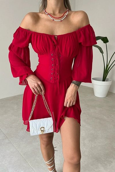 WOMAN VISION Rochie de seară roșie decoltată pentru piept cu autocorsaj din țesătură din șifon pentru femei 053