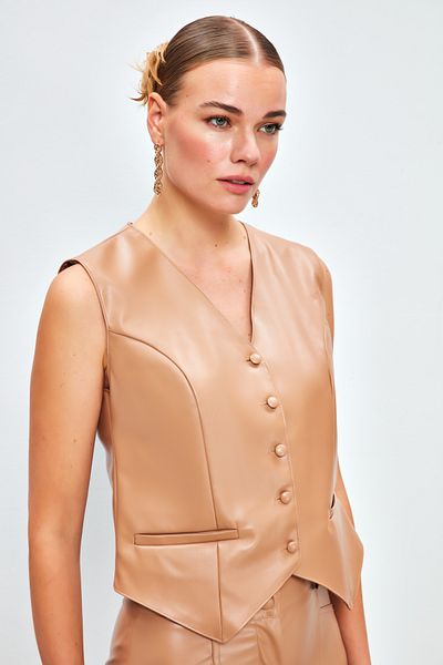 Sateen Beige Leather Vest - Button Detail