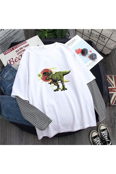 Touz Λευκό μπλουζάκι Unisex με στάμπα Dinosaur Fake Sleeves