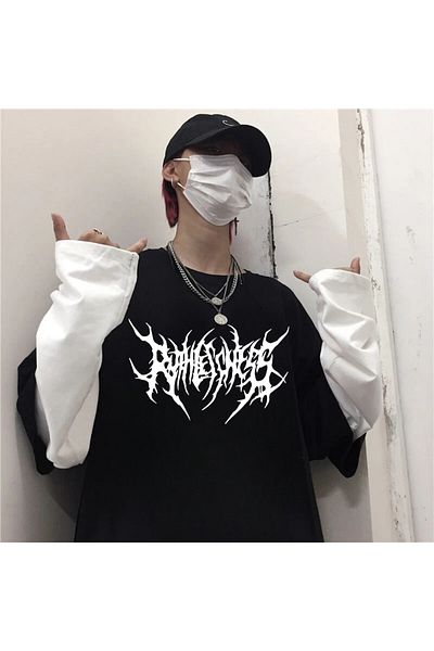 Touz Gothic Fonts Unisex Oversize Ψεύτικα μανίκια Λευκό T-shirt