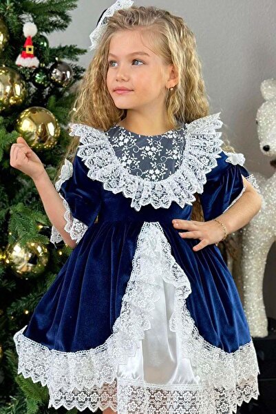 Riccotarz Girl's Guipure Embroidered Vintage Navy Blue Velvet Dress