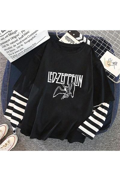 DESTİNE Tricou negru unisex cu mâneci false imprimate Day Light Led Zeppelin