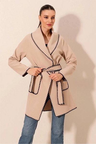 hazelin Palton de damă, bej, cu broderie, detaliată, cu centură, fără nasturi, din cașmir, fără nasturi Hzl24w-bd191301