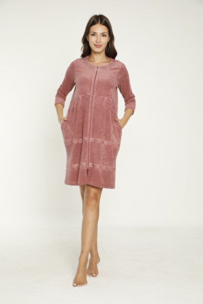 İntensive 3/4 Sleeve Cotton Towel Dress with Zippered Pockets and Ruched Stone Detail
