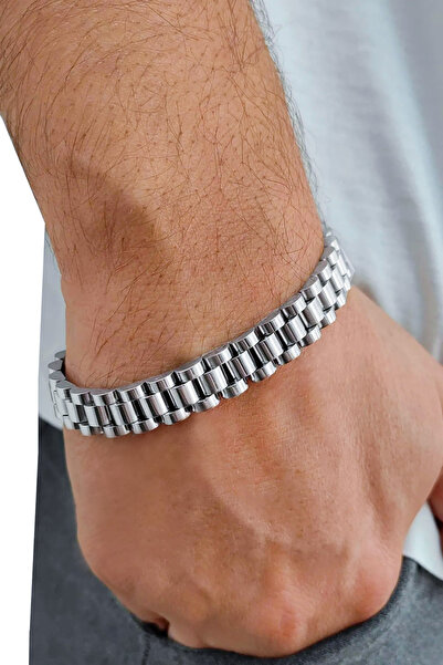 The Collection Unisex Rolex Tasarım Model Kararmaz Gümüş Çelik Bileklik