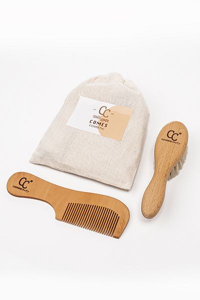 ComesBaby Set of 2 Goat Hair Hair Brush and Wooden Comb with Handle (Antistatic)