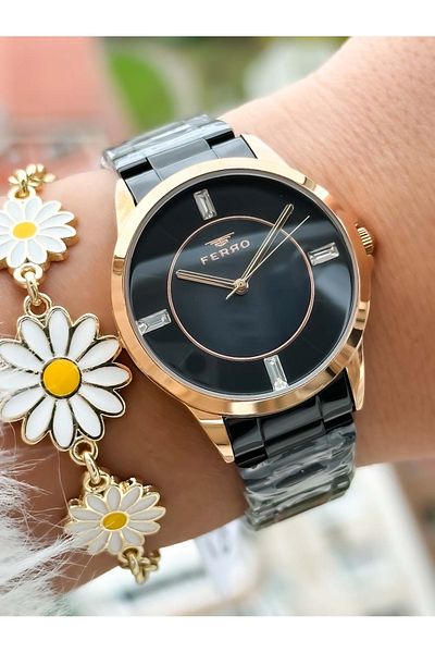 FERRO Brand New Season Black Color, Steel Strap, Women's Wristwatch+Bracelet