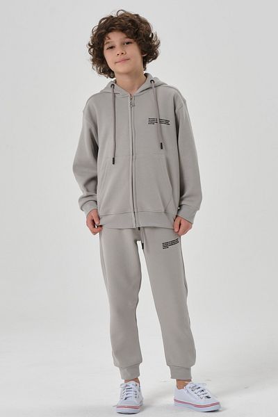 Black One Hooded Zippered Double Face Cotton Girls' and Boys' 2-Piece Top and Bottom Tracksuit Set