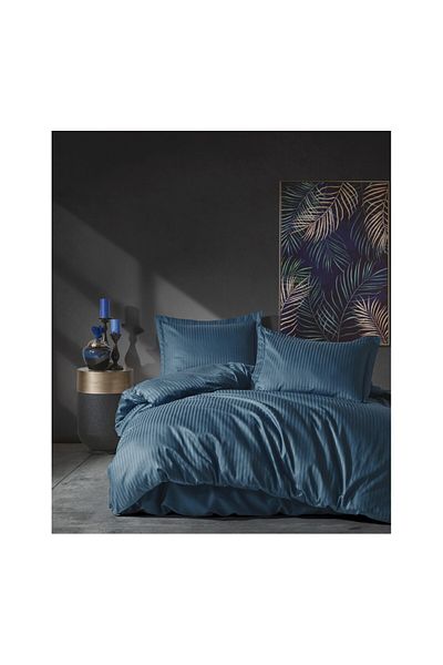 ŞENER HOME Set de lenjerie de pat din satin cu dungi duble albastre Cottonbox