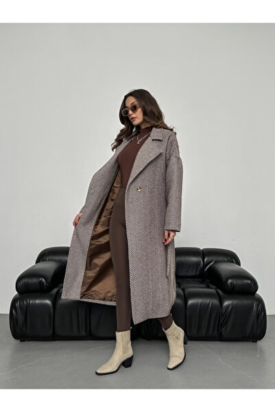 Elif Özbey Butik Hnědý dlouhý kabát s rybím hřbetem