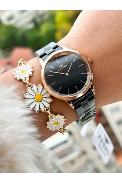 FERRO Brand New Season Black Color, Steel Strap, Simple Model Women's Wristwatch + Bracelet in Box