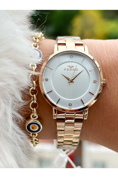FERRO Brand New Season Rose Color, Steel Strap, Simple Model Women's Wristwatch + Bracelet in Box