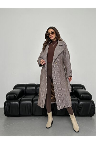 Elif Özbey Butik Hnědý dlouhý kabát s rybím hřbetem