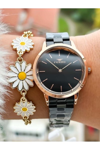 FERRO Brand New Season Black Color, Steel Strap, Simple Model Women's Wristwatch + Bracelet in Box